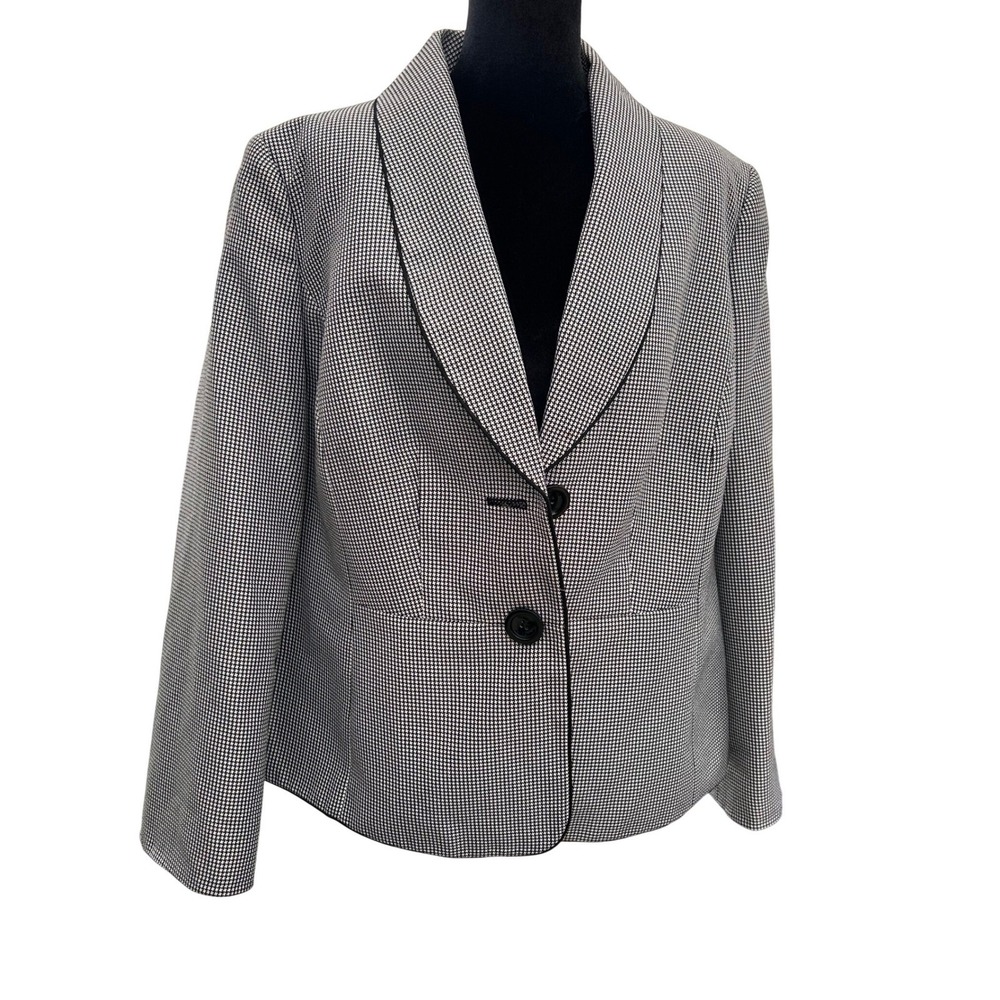 Kasper Womens 14W Black White Houndstooth Shawl Collar Blazer Jacket Piped Trim